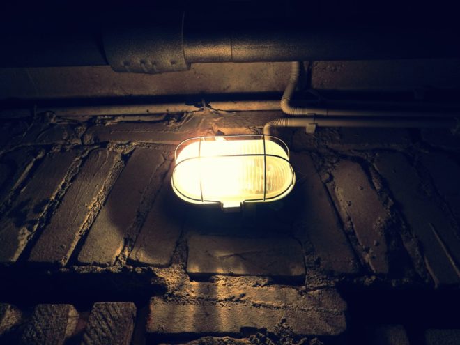 a lamp in a dark room